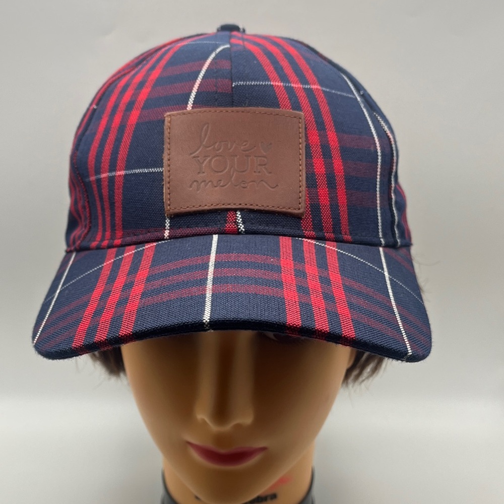 Love Your Melon Cap with Leather Patch - Navy Red & White Plaid